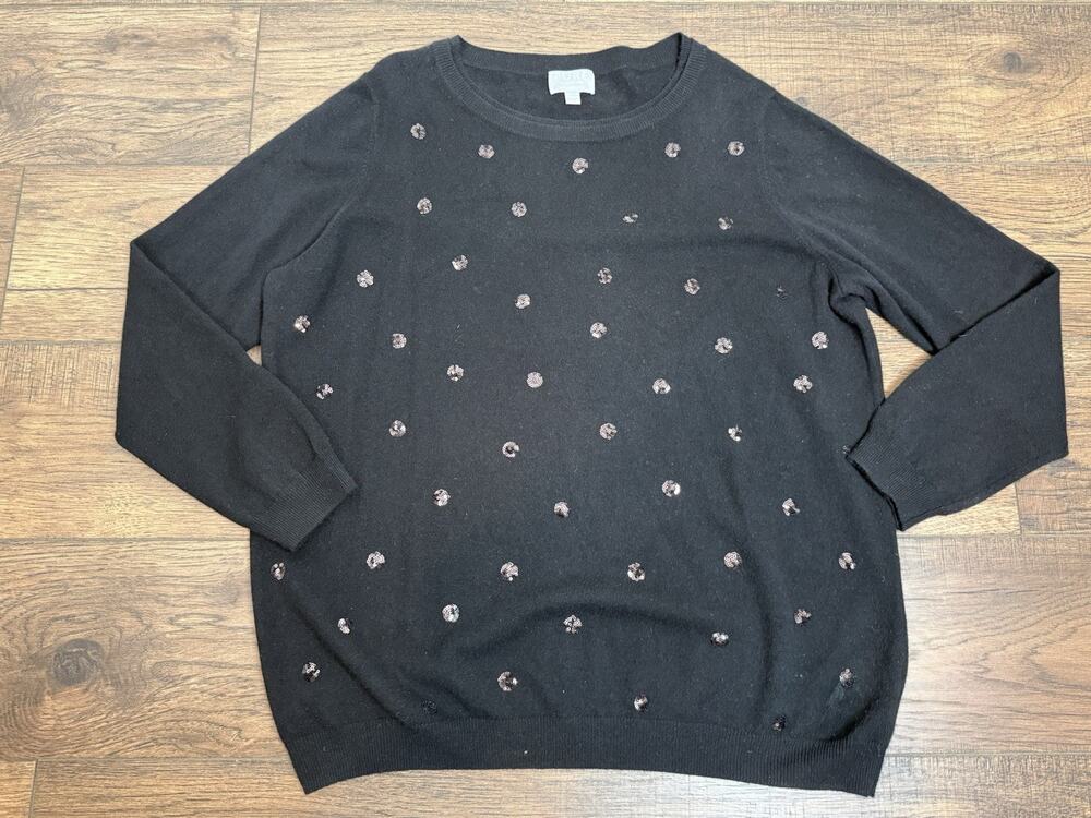 Pure Collection 100% Cashmere Black Sequin Crewneck Sweater Sz 14-16